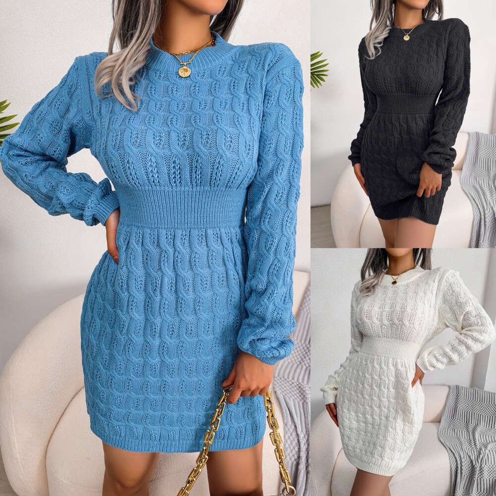 Autumn Winter European American Casual Braided Waist-Hugging Bodycon Base Sweater Dress Amazon Cross-Border Women's Fashion