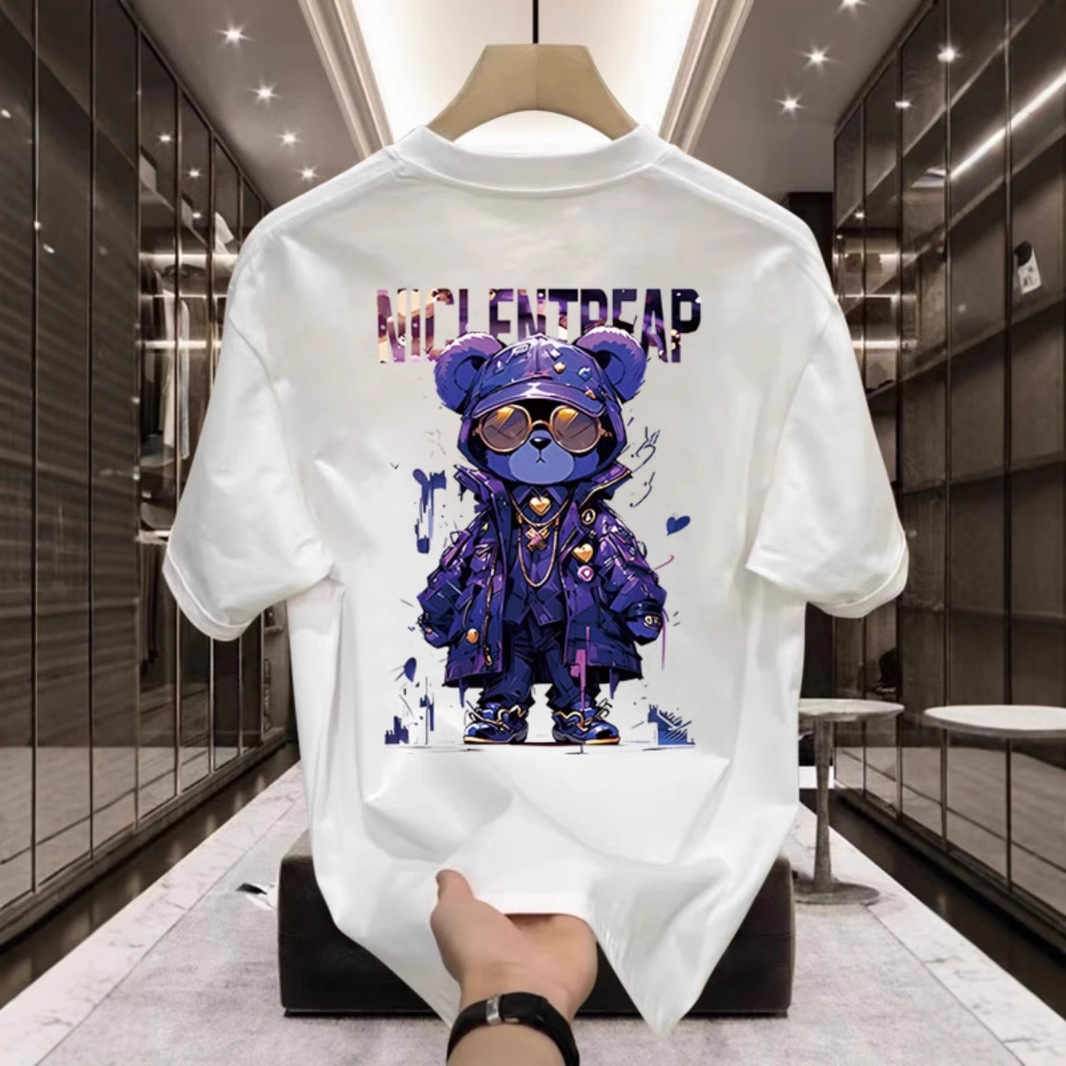 2026 New Arrival Trendy Brand 100% Cotton Printed Men's Short Sleeve T-shirt. Summer Bestseller, Fashionable & Casual, Crew Neck, Cartoon Bear De