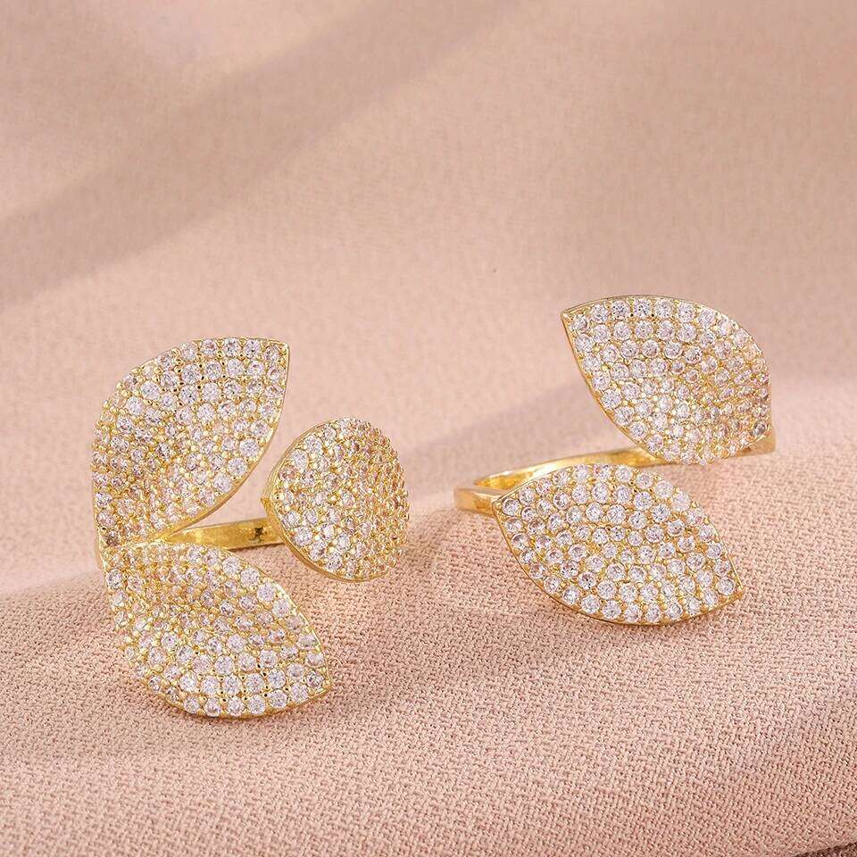 ZAKOL Two Pieces Micro-set Zircon Leaf Flower Open Set for Women Paved Bling CZ Cocktail Party Ring Jewelry Accessories