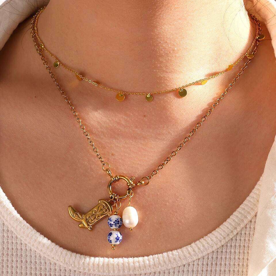 ZAKOL Korean Trendy Stainless Steel Stacked Choker Necklace Set Gold Color Dot Freshwater Pearl Circular Neck Party Jewelry