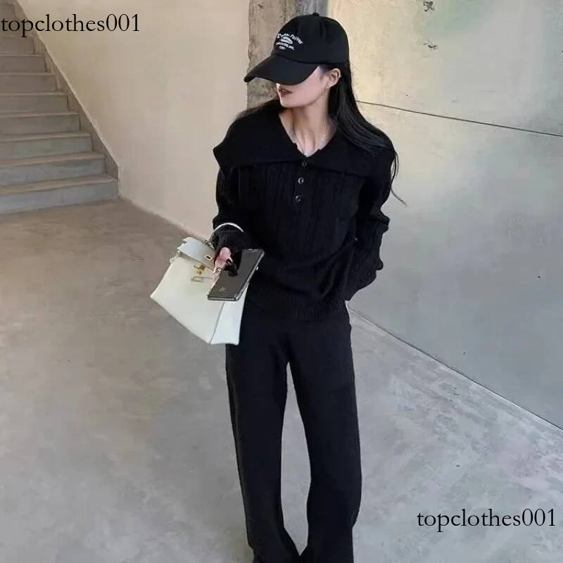 Polo Neck Sweater+Elastic Waist Wide Leg Pants Two Piece Outfits Casual Lounge Autumn Winter Women's Knit Set