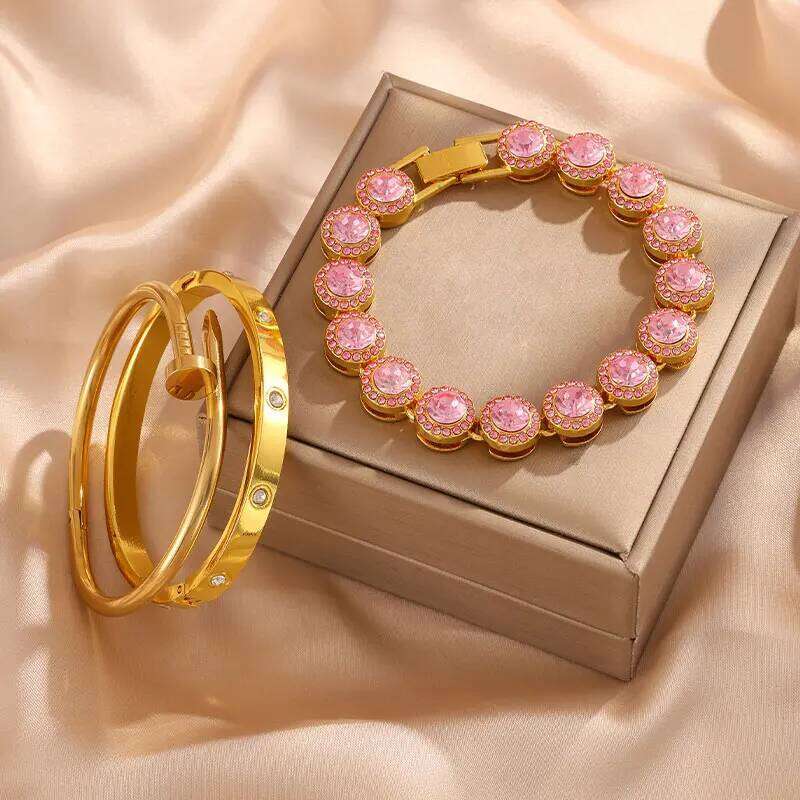 ZAKOL 3-Piece Set Shiny Heart Rhinestone Stainless Steel Bangles Hip Hop Rock Fashion Stackable Bracelet Jewelry