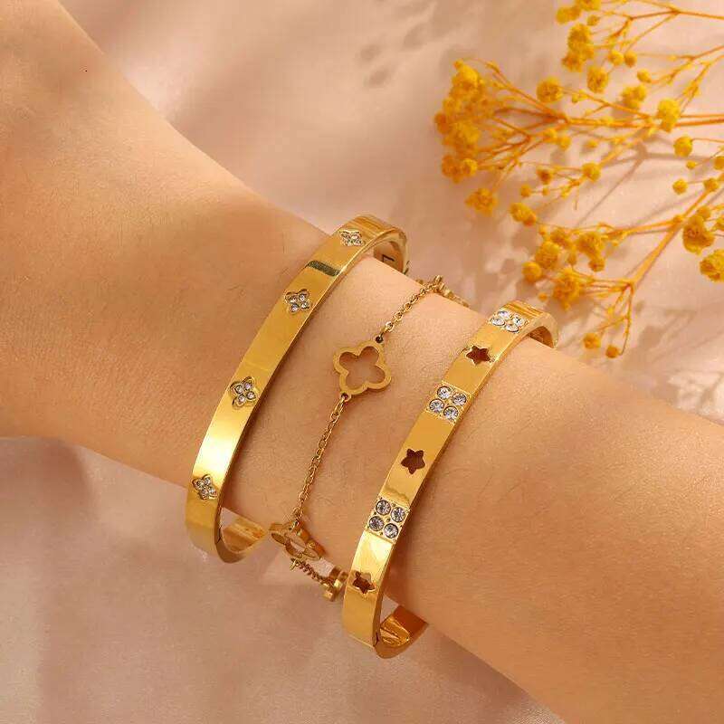 ZAKOL 3 Piece Hollow Lucky Clover Flower Bracelet Set for Women Fashion Stainless Steel Shiny Zircon Charm Party Jewelry Gift