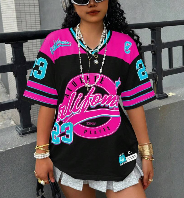 2026 European & American Sporty Style Tomboy American Vintage Jersey. Loose Fit, Streetwear, V-neck Short Sleeve T-shirt Top.