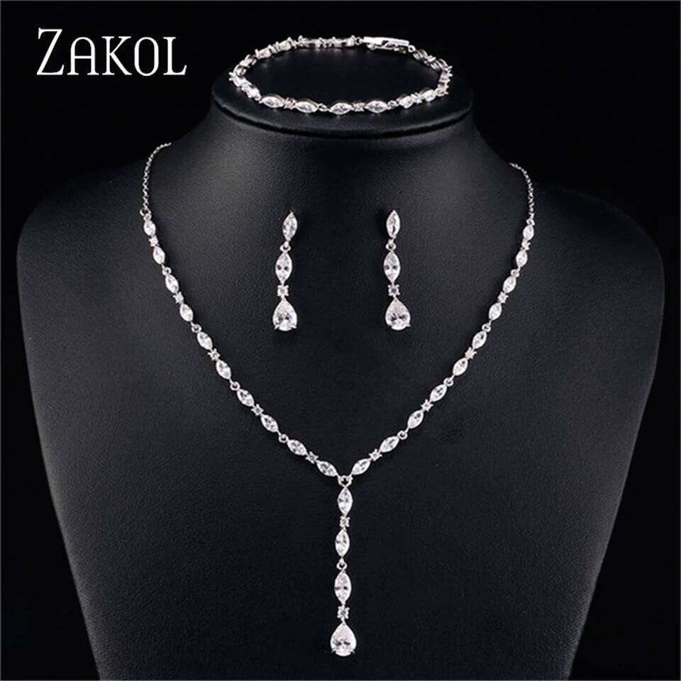 ZAKOL Luxury Water Drop Zirconia Wedding Gorgeous Shiny CZ Necklace/Bracelet/Earrings Jewelry Sets for Bridal