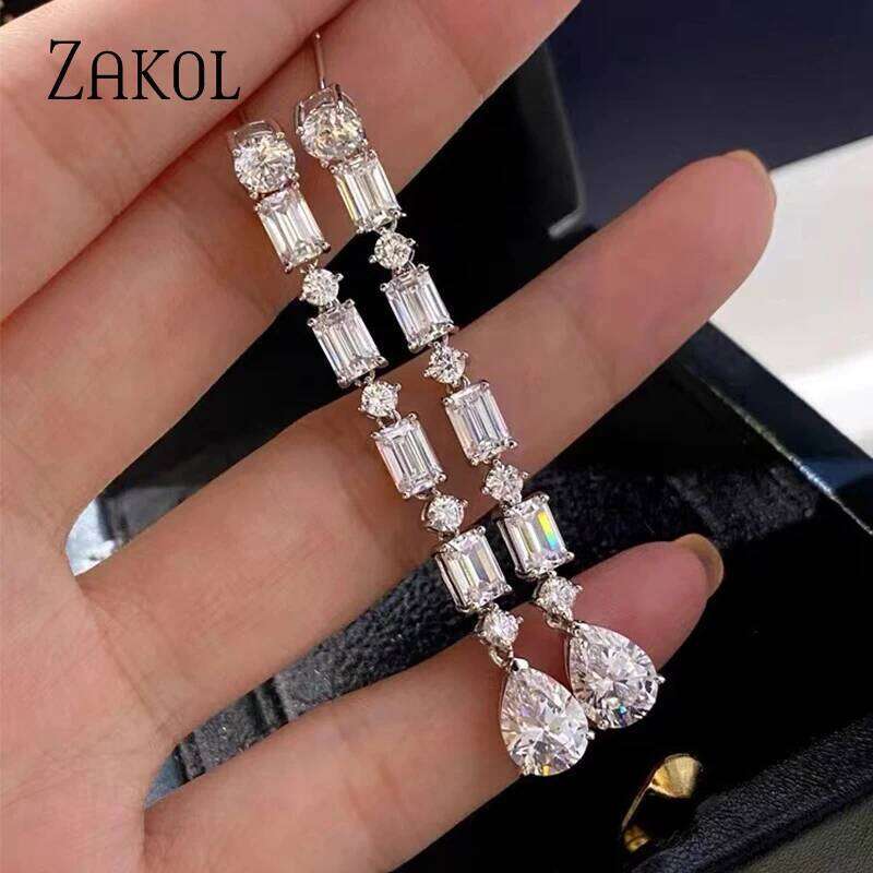 ZAKOL Luxury Geometric Water Drop Crystal Long Dangle Earrings for Women Delicate Shiny Zircon Bridal Wedding Jewelry