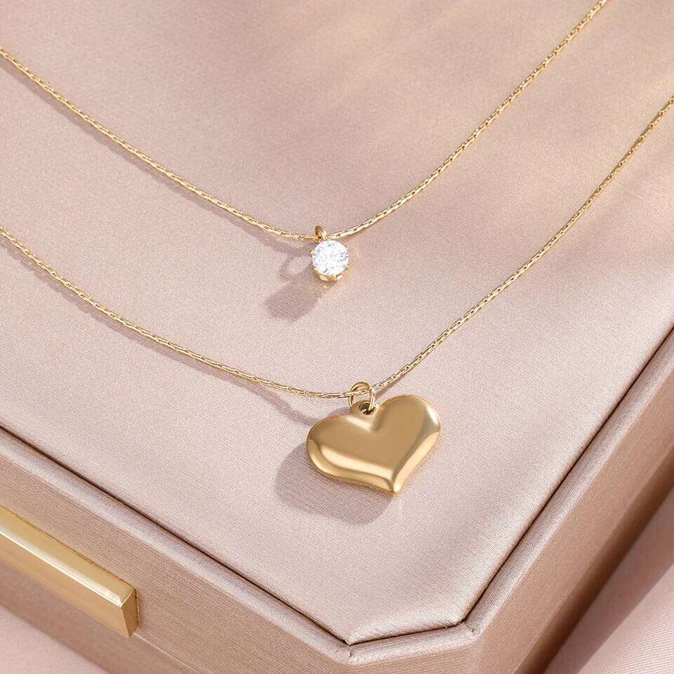 ZAKOL Stainless Steel Double-Layered Shiny Zirconium Metal Heart-Shaped Pendant Necklace, Fashionable And Personalized Birthday