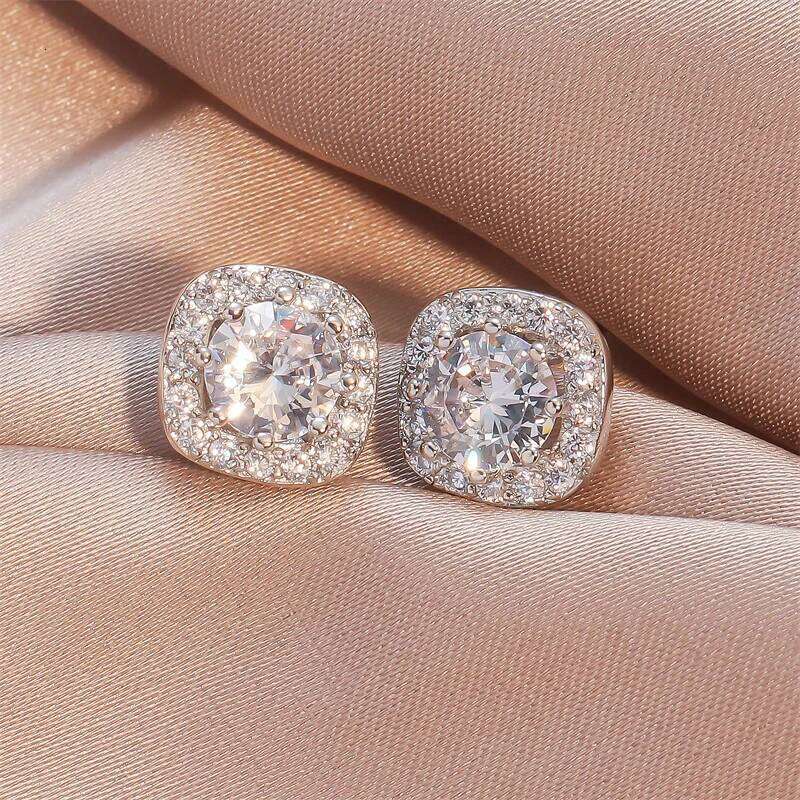 ZAKOL Classic White Square CZ Stud Earrings For Women Exquisite Round Cubic Zirconia Crystal Ear Jewelry Gift