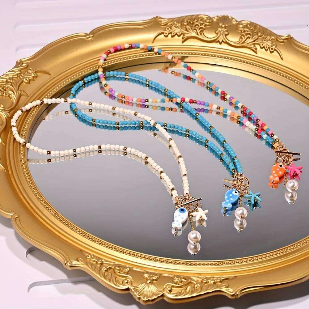 ZAKOL Bohemian Sea-Inspired Ceramic Fish & Starfish Pendant Necklace Dopamine Rainbow Color Beads Necklaces Beach Jewelry