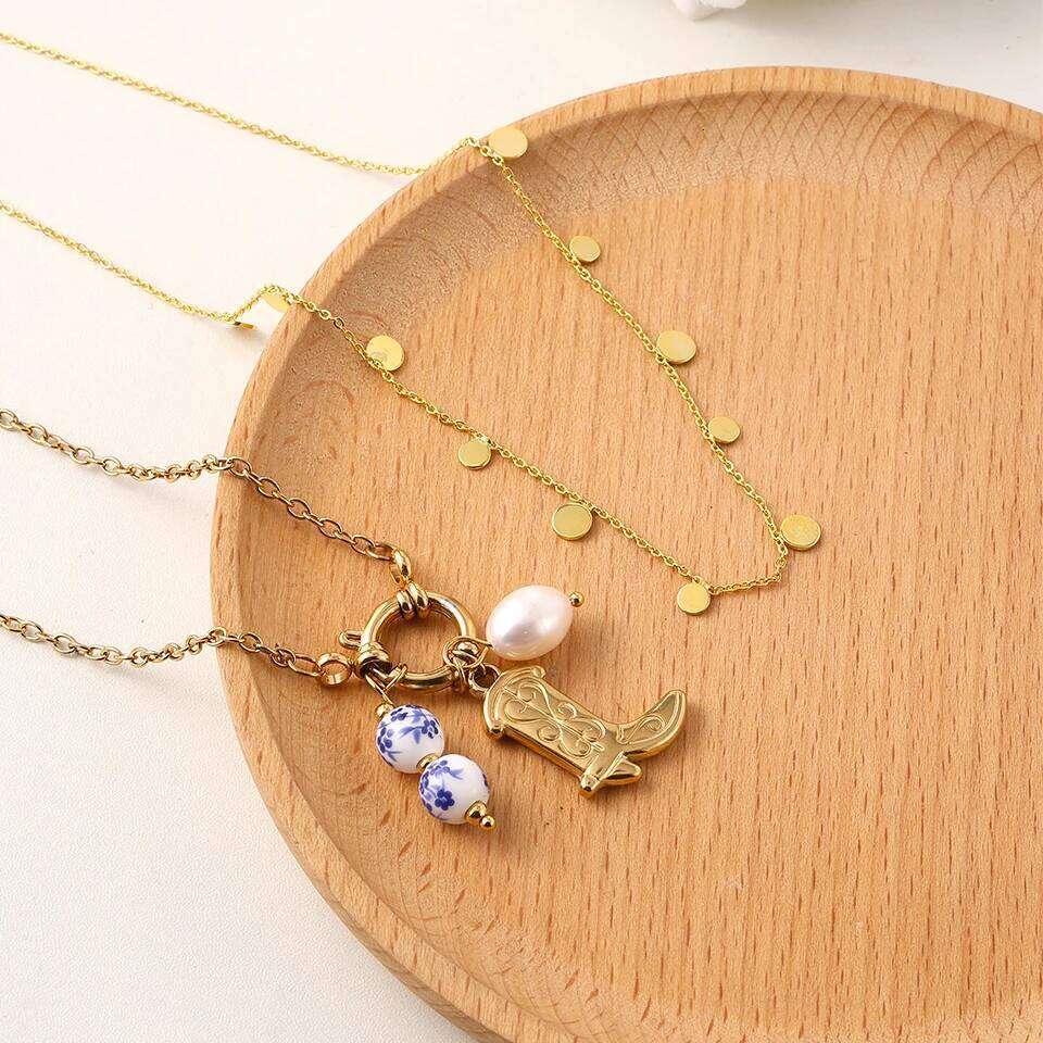 ZAKOL Korean Trendy Stainless Steel Stacked Choker Necklace Set Gold Color Dot Freshwater Pearl Circular Neck Party Jewelry