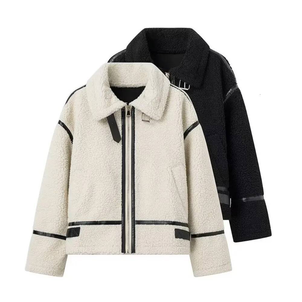 Autumn/Winter Patchwork Fluffy Jacket European/American Style Casual Lamb Wool Warm New Fashion Zipper Pocket Women's Coat