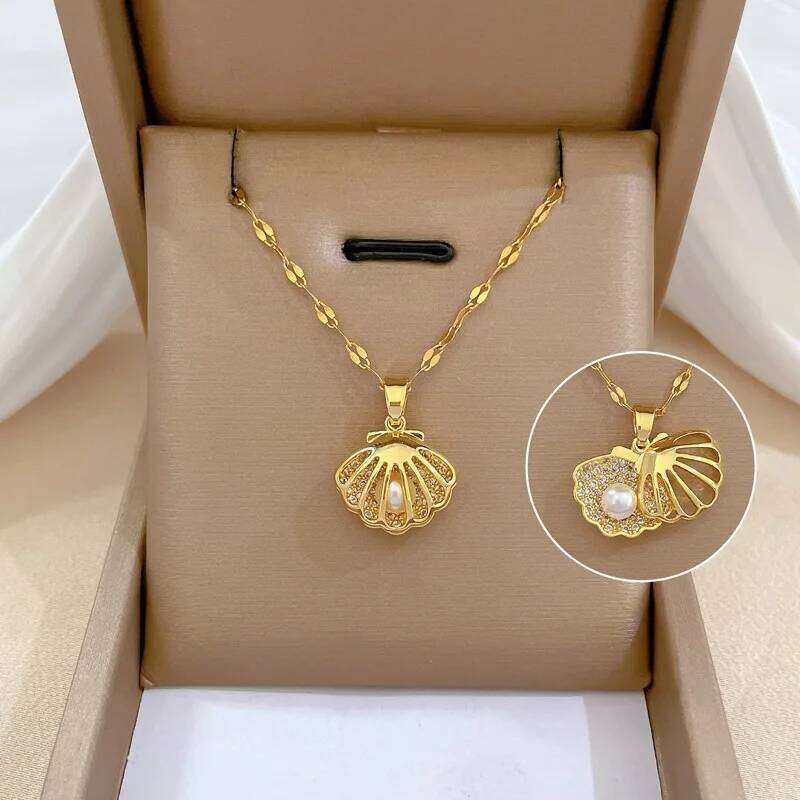 ZAKOL French Shell Pearl Necklace For Women Gold Color Stainless Steel Zircon Love Heart Clavicle Chain Choker Wedding Jewelry