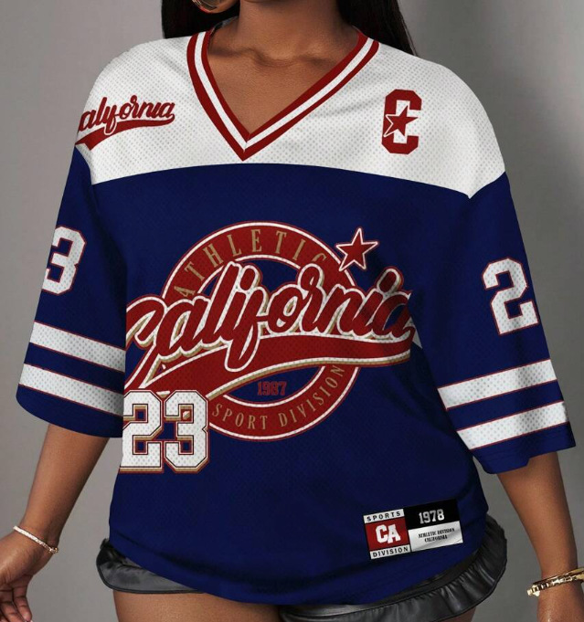 2026 European & American Sporty Style Tomboy American Vintage Jersey. Loose Fit, Streetwear, V-neck Short Sleeve T-shirt Top.