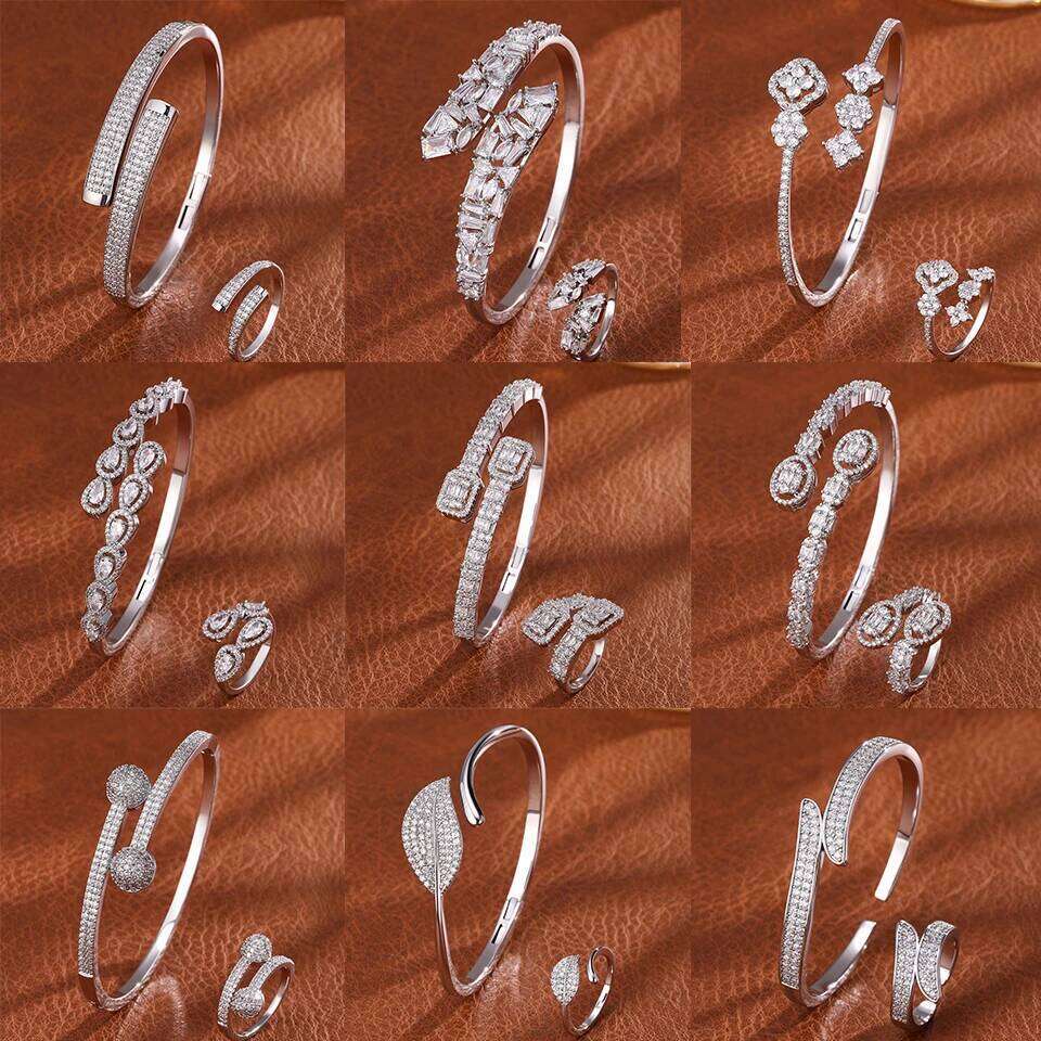 ZAKOL 9 Styles Slivery Open Bracelet Ring Set Luxury Shiny Zircon Middle East Trendy Jewelry for Women Gift