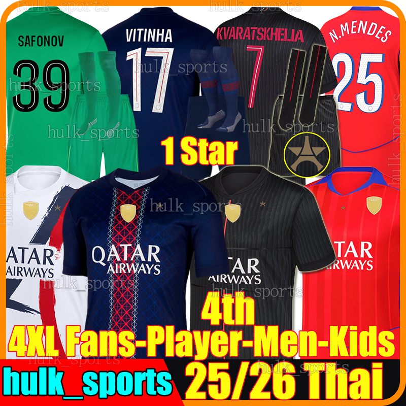 4XL 2025/26 VITINHA 4th soccer jerseys SAFONOV G.RAMOS O.DEMBELE BARCOLA JOAO NEVES D.DOUE KVARATSKHELIA N.MENDES Maillots de football shirts Men Kids Kits socks sets
