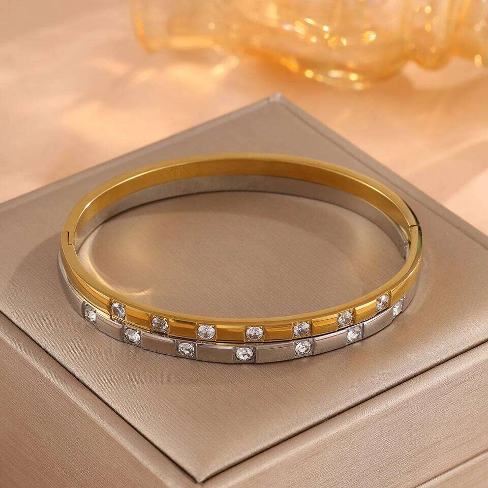 ZAKOL 1Pcs Minimalist Stainless Steel Bracelet With Square Zircon Set Versatile Stacking Jewelry for Women Creative Gift