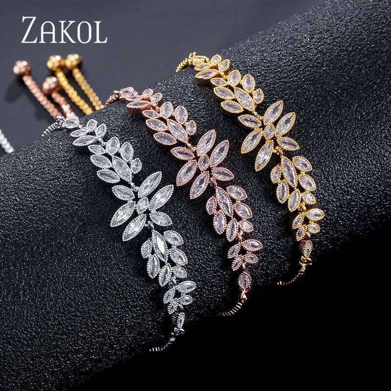 ZAKOL Fashion Zirconia Adjustable Bracelets for Women Men Exquisite Leaf Bangles Party Wedding Jewelry Gifts
