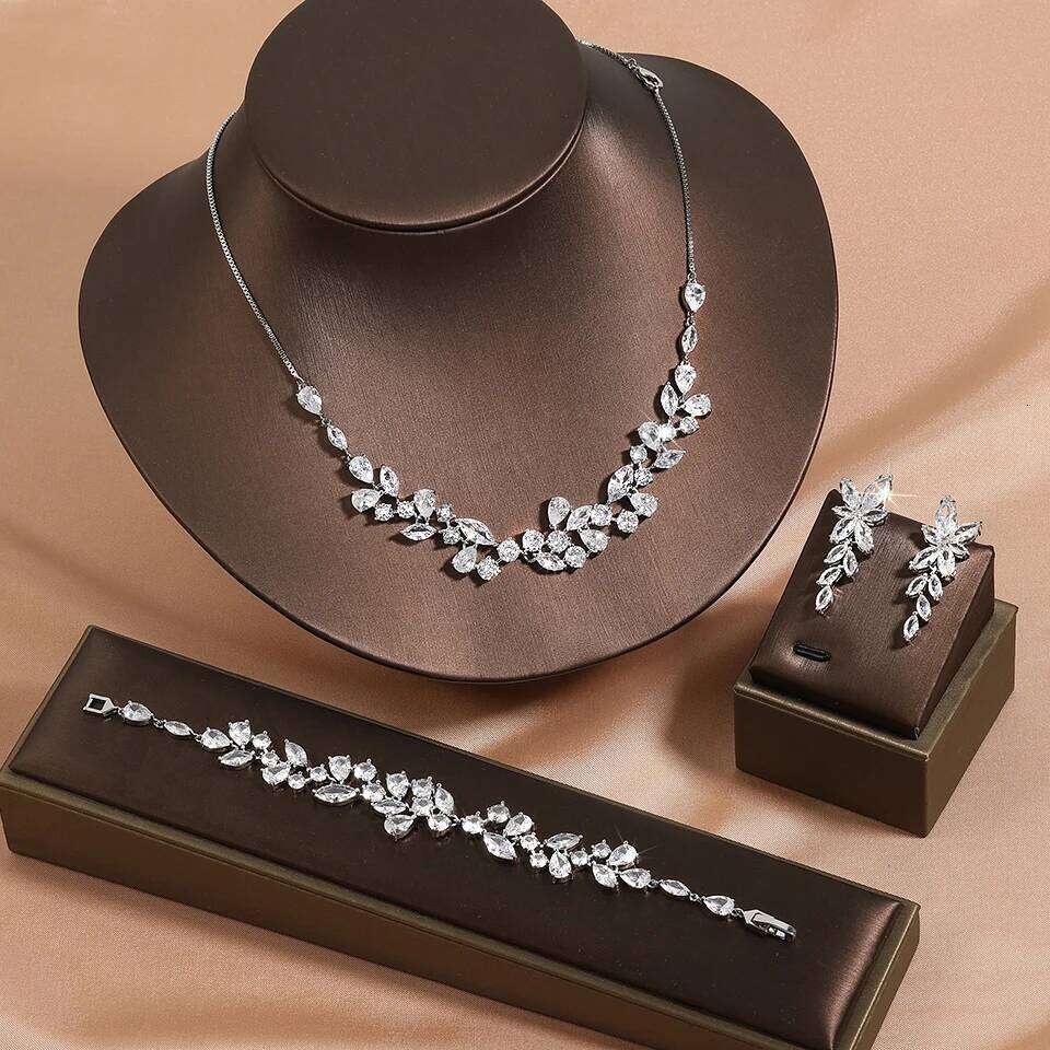 ZAKOL Luxury White AAA Zircon Earrings Bracelet Necklace Jewelry Gorgeous Tassel Charm 4pcs Set for Wedding Party