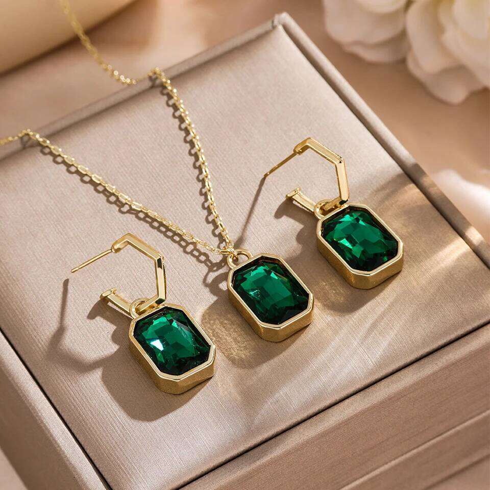 ZAKOL Colorful Big Square Crystal Zircon Pendant Earring Necklaces Elegant Retro Gold Color Chain Women's Party Jewelry Set Gift