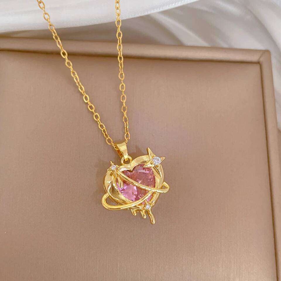 ZAKOL Shiny Pink Zircon Crystal Heart Moon Pendant Necklace for Women Stainless Steel Clavicle Chain Fashion Jewelry