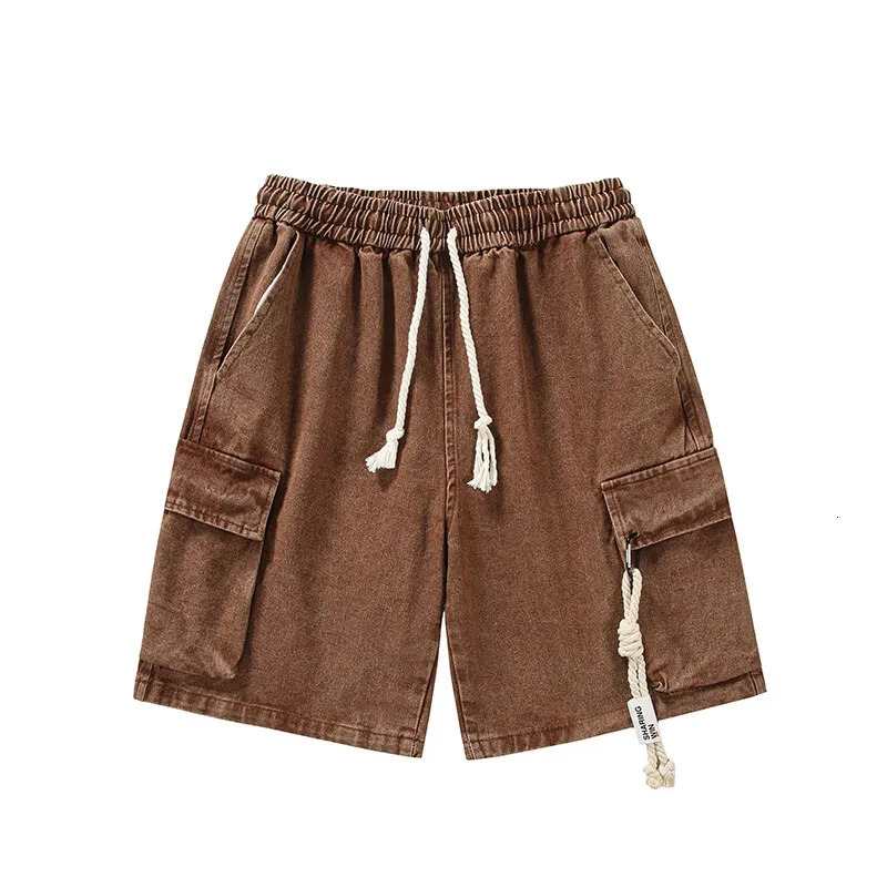 Washed Work Jeans Shorts Mens Summer Straight Trousers Hip-hop Retro Casual Five Trousers Elastic Waist Shorts 251223