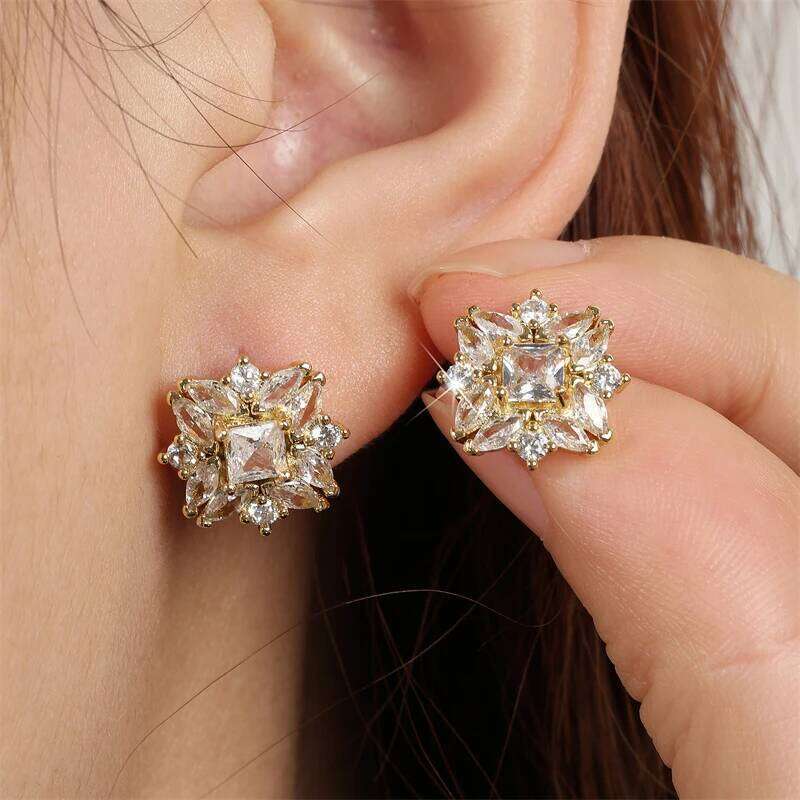 ZAKOL Luxury Flower Square Zirconia Stud Earrings For Women Girls Gold Color Metal Crystal Ears Jewelry Wedding Festival