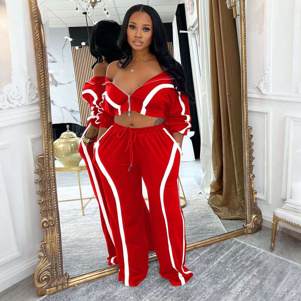 Amazon Hot-Selling Women's Clothing Autumn Winter Color-Block Long Sleeve Cardigan Sports Style Two-Piece Fashion Casual Set