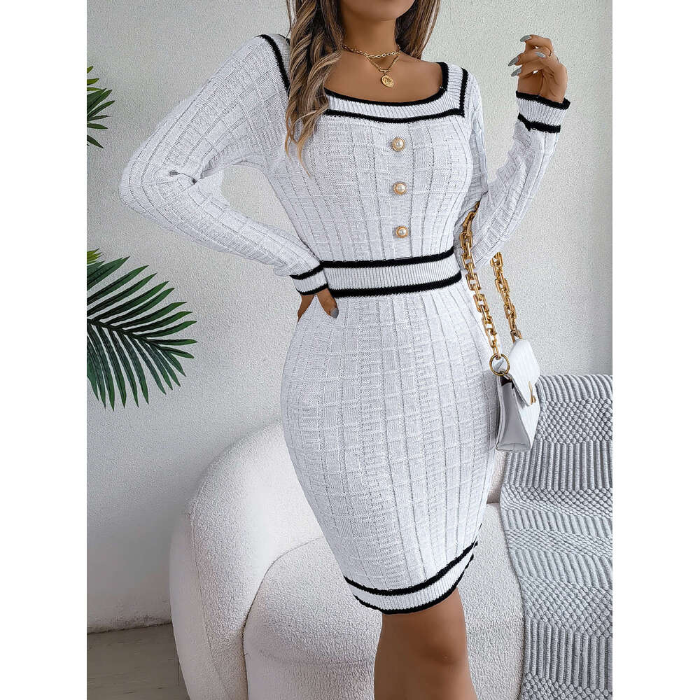 Autumn Winter European American Elegant Square Neck Button Long Sleeve Sweater Bodycon Dress Independent Cross-Border Women's Fashion