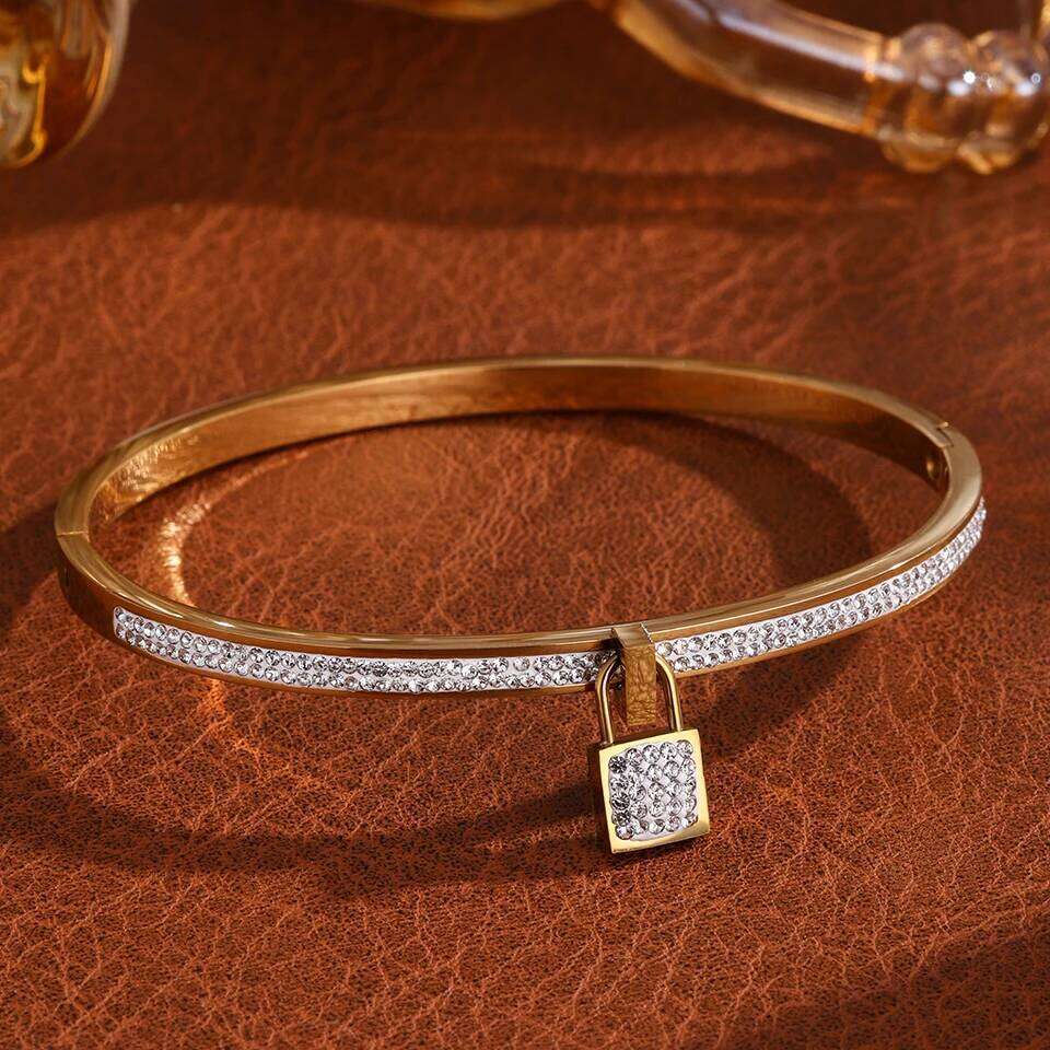 ZAKOL Hot Sale Stainless Steel Zircon Inlaid Bracelet Roman Numeral Hanging a Lock Bangle Waterproof Jewelry Gift for Women