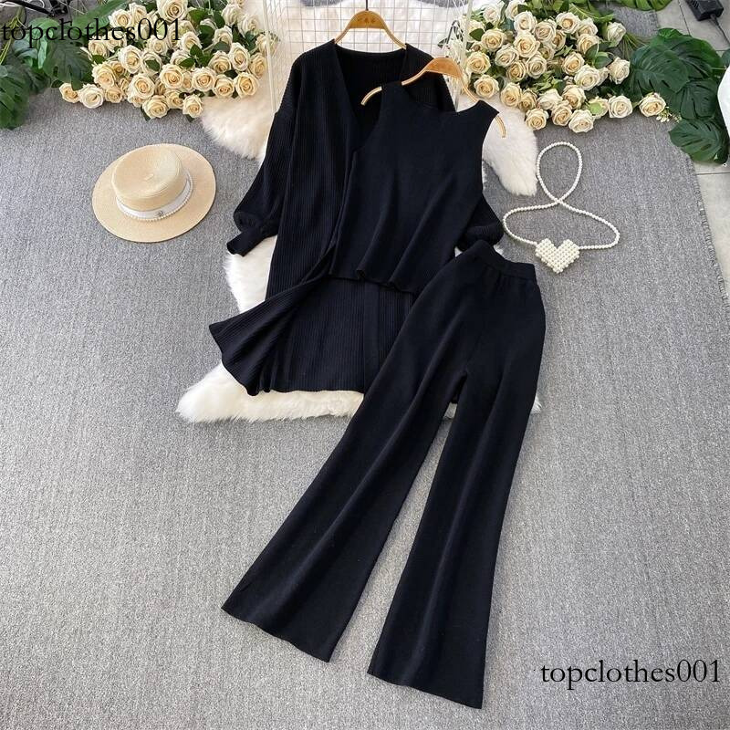 XFPV Casual Style Women 3 Piece Set Loose Mid-Length Sweater Cardigan Jacket Sleeveless Knit Vest + Wide-Leg Pants Winter New
