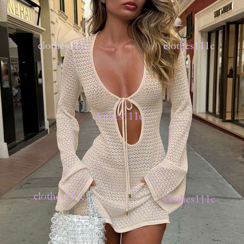 European And American Beach Dress Sexy Hollow Out See-Through Knitted Long Sleeve Bikini Swimsuit Cover-Up Sun Protection Clothing For Women Luanyun