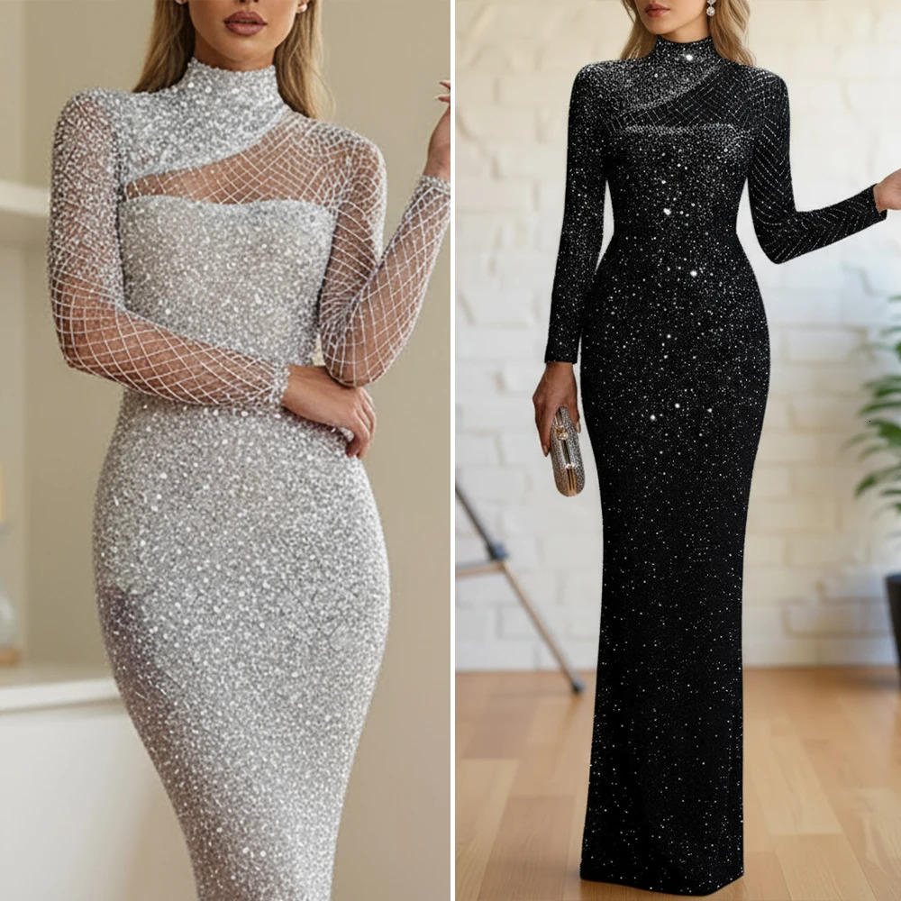 Womens Autumn Spring Evening Dress Party Sequined Mock Neck Long Sleeve Bodycon Maxi Gown Sheer Gauze Insert Side Slit Dress 251217
