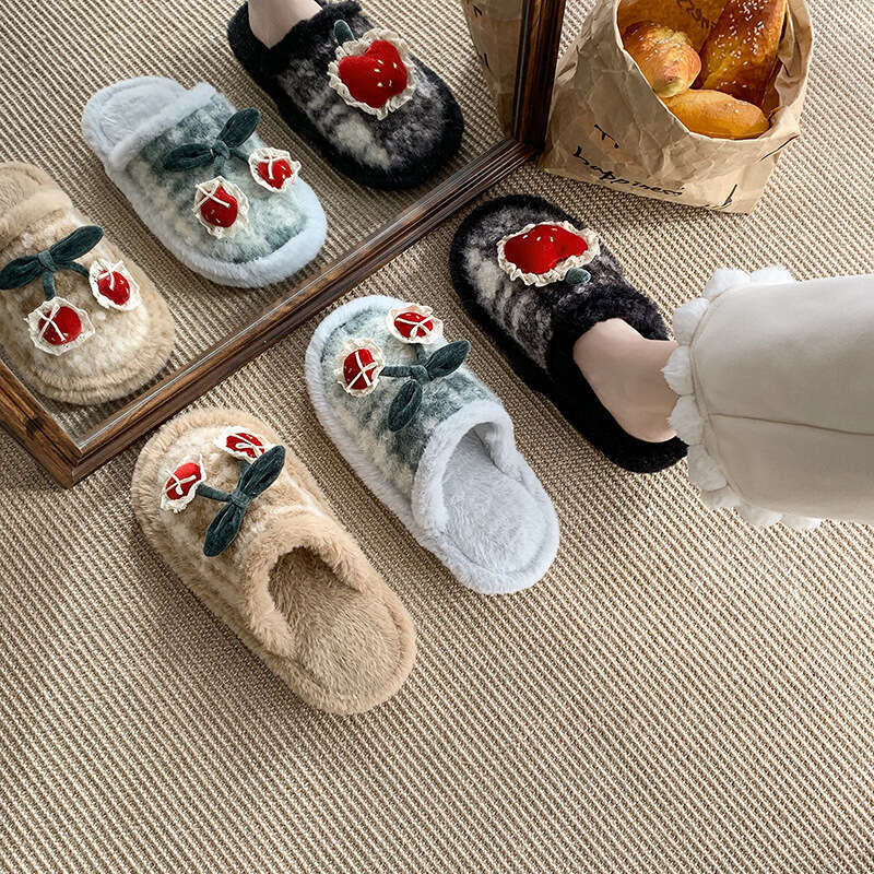 Buy 1 Get 1- Cute Little Cherry Plush for Women Winter Dirt-Resistan Comfortable Soft Sole Fleece-Lined, Non-Slip Cotton Slippers