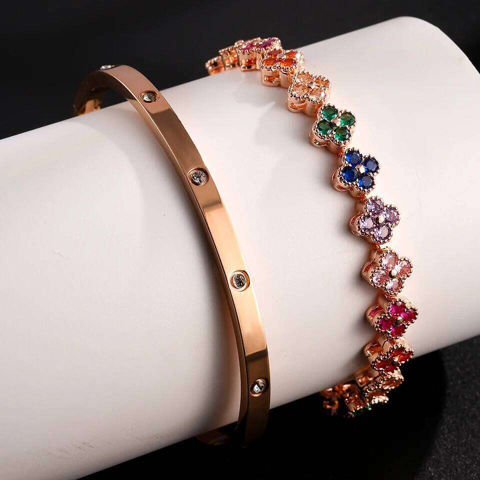 ZAKOL Colorful Zircon Inlaid Four Leaf Flower Bracelet Bangle For Women Exquisite Stainless Steel Plum Blossom Jewelry Gift