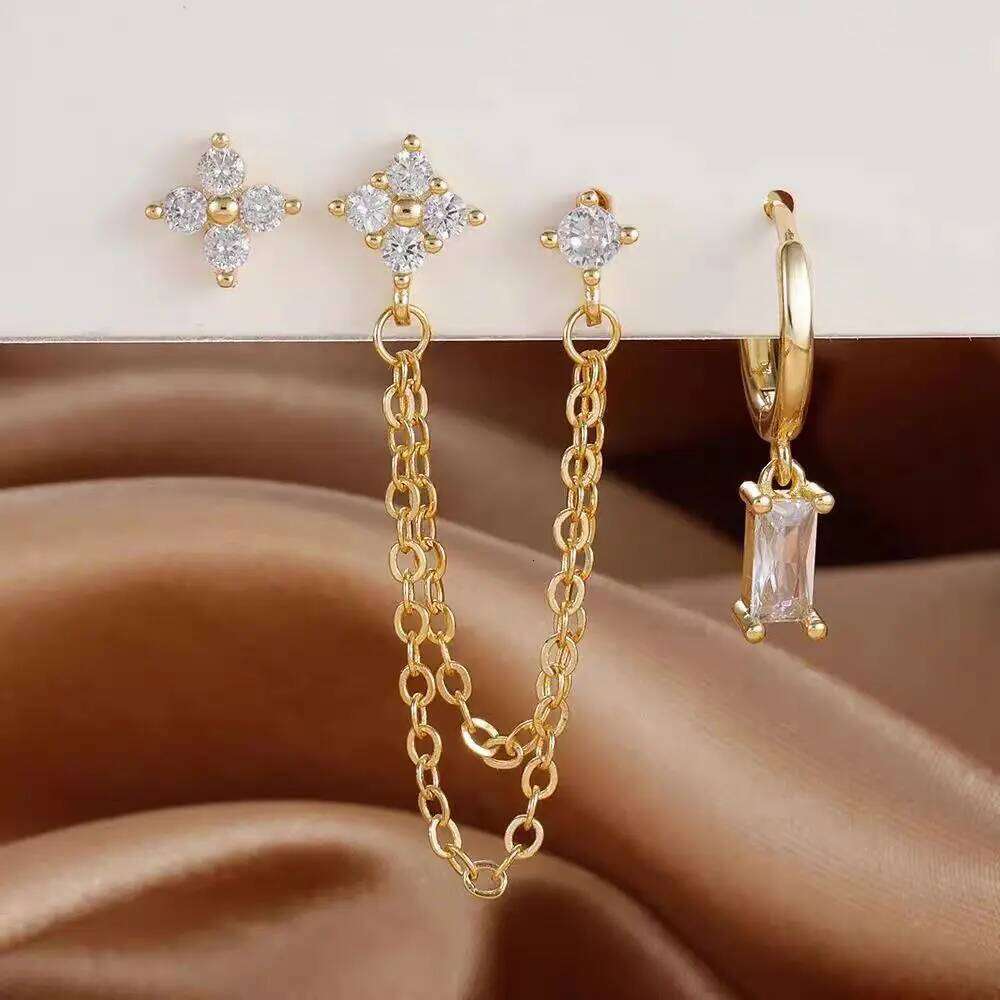 ZAKOL 3pcs Gold Color Stainless Steel Four-Leaf Flower Crystal Stud Earrings Set For Women Exquisite Piercing Jewelry Charm