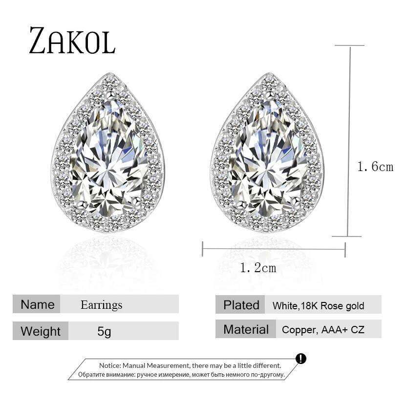 ZAKOL Classic Silver Color Water Drop Cubic Zircon Stud Earrings for Women Crystal Bridal Wedding Party Jewelry Aretes