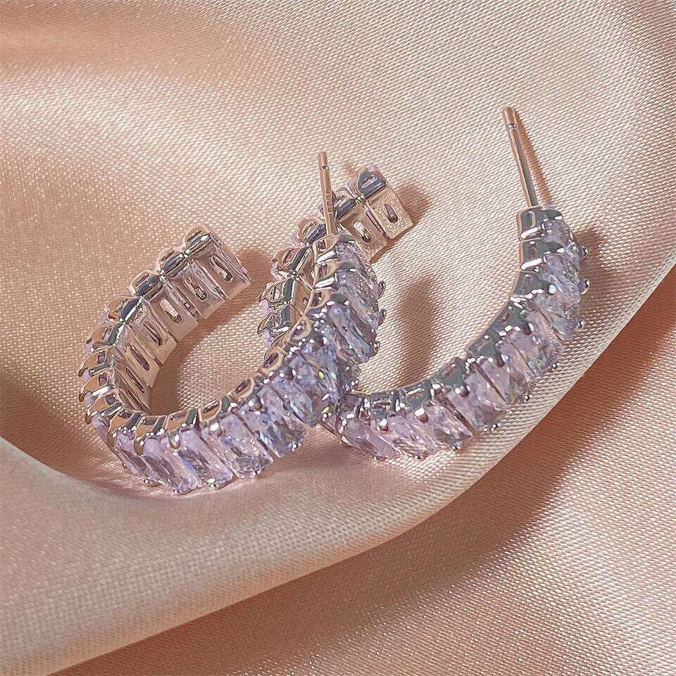 New Geometric Rectangle Zircon Anti Allergy Stud Earrings For Women Fashion Gold Color Circle Shape Party Jewelry