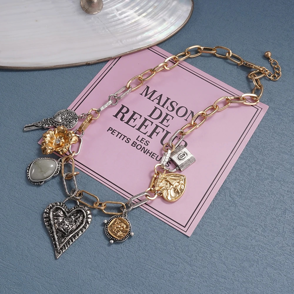 Vintage Mixed Metal Charm Necklace with Key Lock Heart Flower Stone Pendants Boho Statement Jewelry for Women Unique Retro 251223