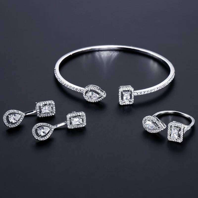 Classic Square Water Drop Party Jewelry Set for Women Transparent Shiny Cubic Zirconia Bridal Wedding Earring 4pcs Sets