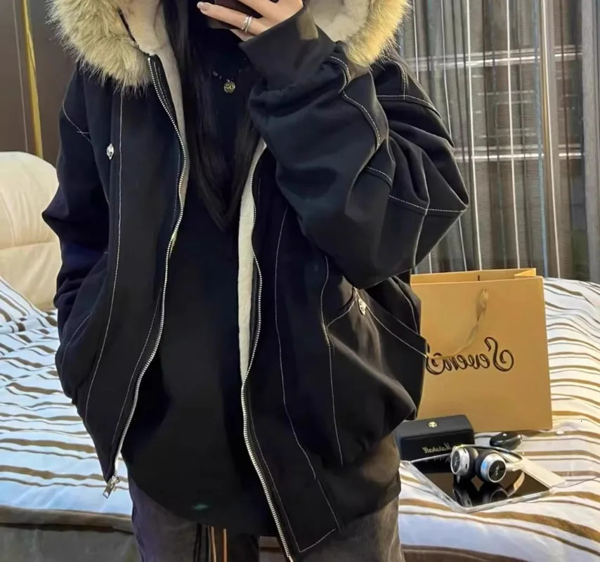 American Street Fur Collar Zipper Hooded Jacket Women Autumn Winter Retro Velvet Thickened Warm Fashion Loose Casual Jacket 251223CJ