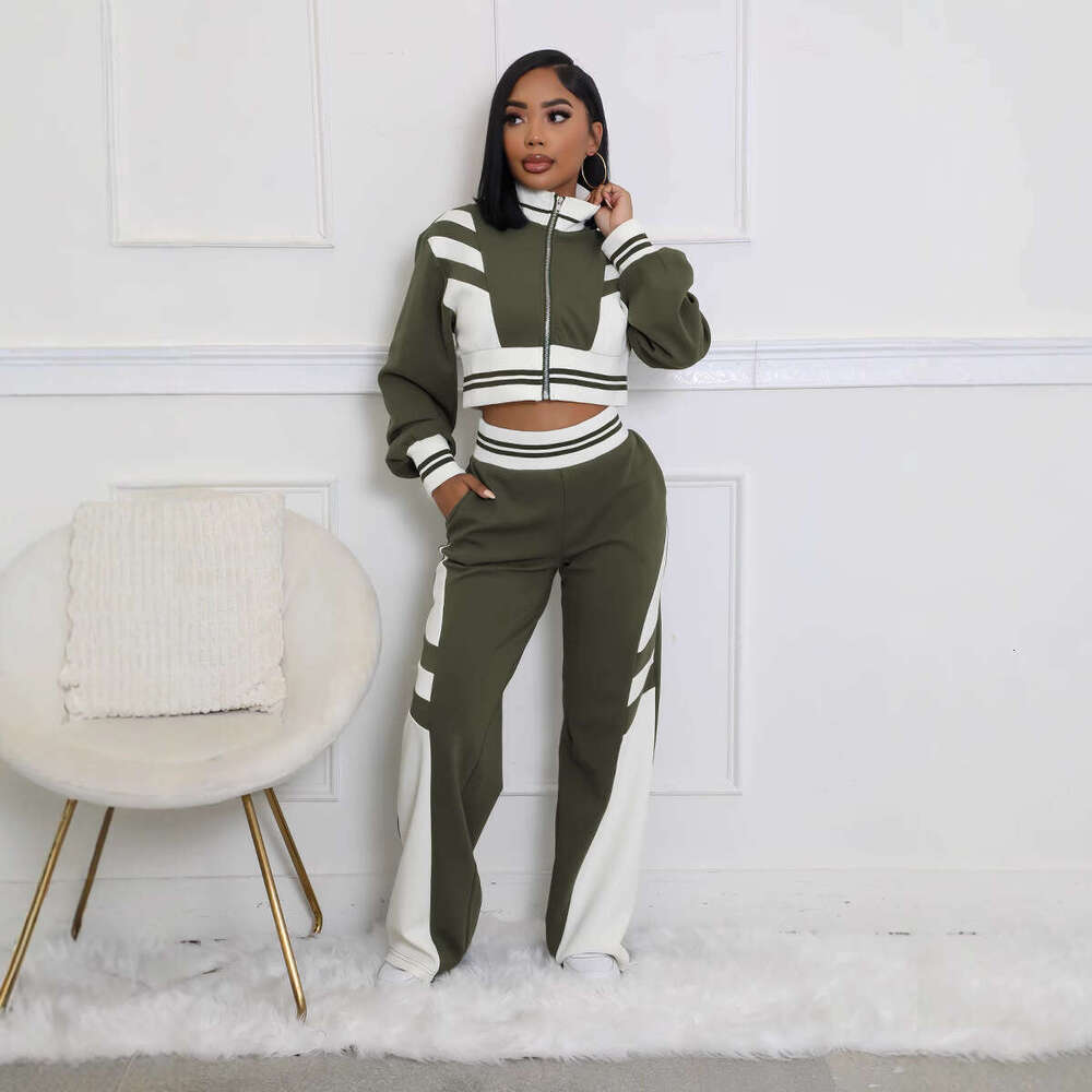 European and American Cross-Border Women's Fashion Autumn Winter New High Collar Zipper Top Two-Piece Set Color Block Long Pants Suit for Women