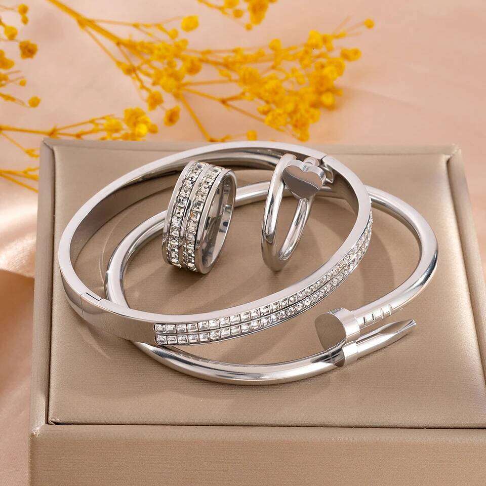 ZAKOL 4 Piece Stainless Steel Bracelet Set Sparkling Rhinestone Studded Heart Waterproof Stackable Jewelry Christmas Gift