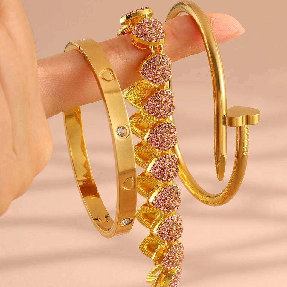 ZAKOL 3Pcs/Set Pink Rhinestone Hip-hop Bracelet Set Unisex Heart Charm Stainless Steel Stackable Jewelry