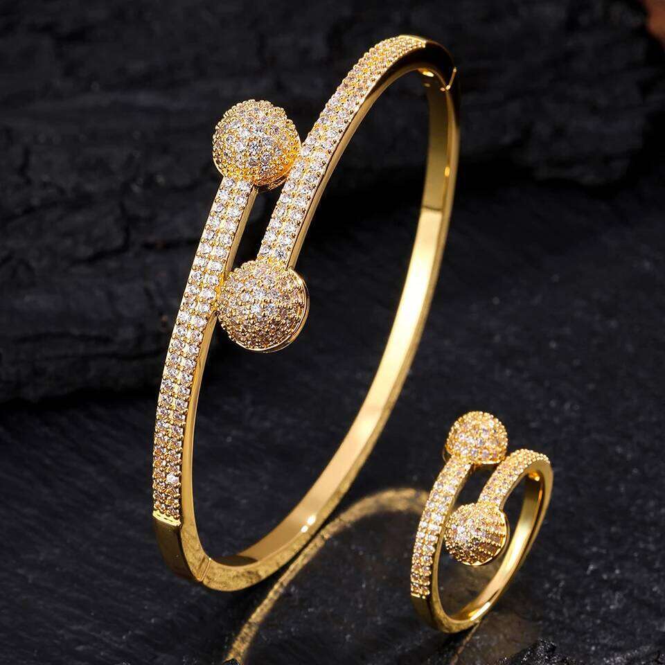 ZAKOL Luxury Half Spherical Opening Ring Bracelet Zirconium Micro Inlaid Zircon Daily Party Fashion Accessory for Women