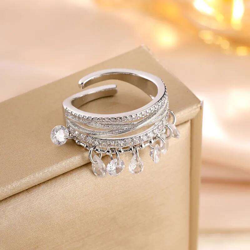 ZAKOL Fashion Multi Layers Water Drop Zircon Tassel Statement Rings For Women Exquisite Adjustable Open Ring Gift