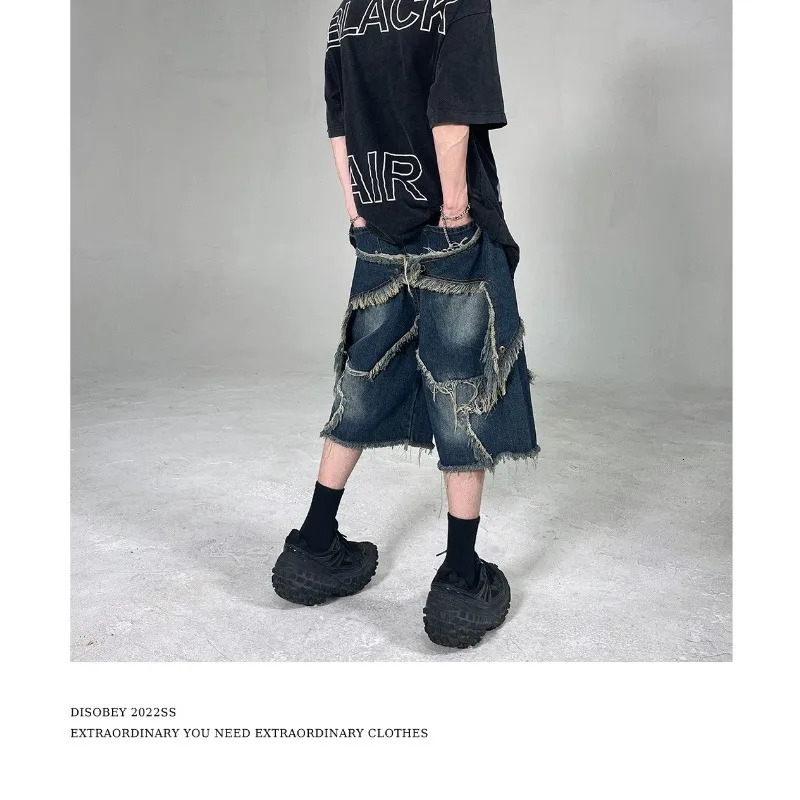 2025 Mens Denim Shorts Harajuku Retro Tassel Patchwork Mens Shorts High Street Loose Hip-hop Trend Streetwear Mens Wear 251223