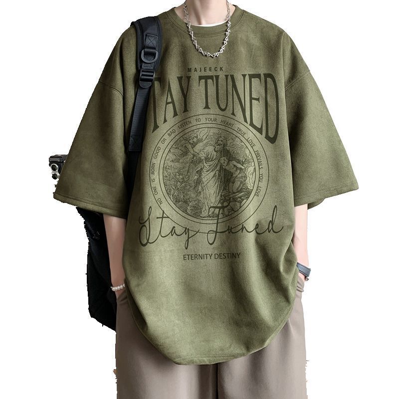 Suede Short Sleeve T-shirt for Men. Summer New Arrival, American Vintage Style, Heavyweight, Trendy Brand Tee.