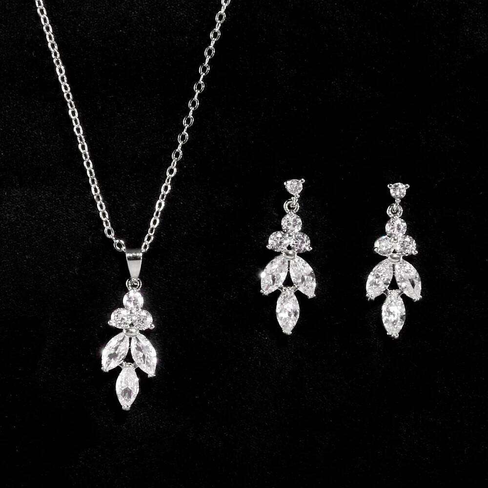 ZAKOL Classic AAA Cubic Zirconia Leaf Dangle Earrings&Necklace Set Sliver/Gold/Rose Gold Color Wedding Party Jewelry Accessories