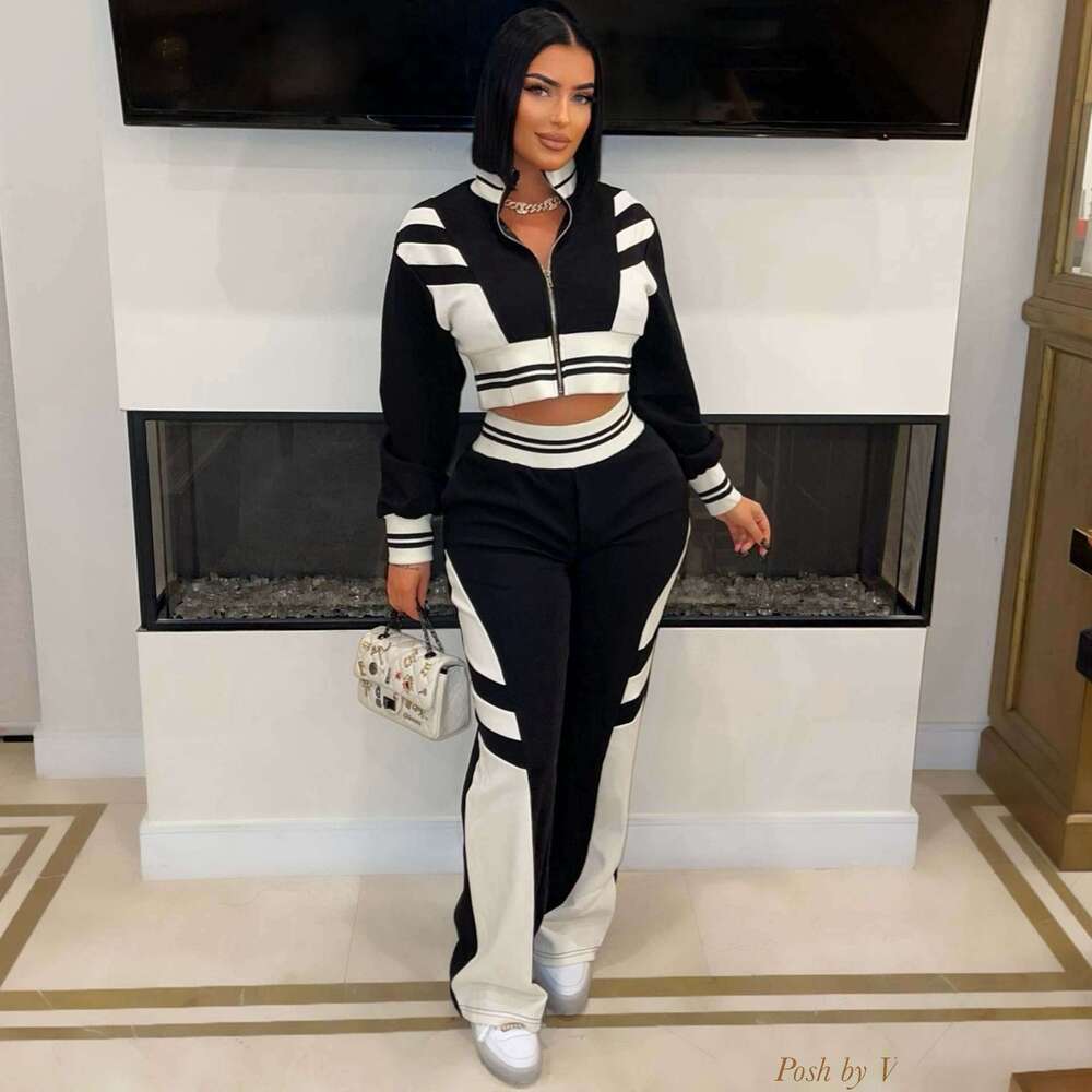 European and American Cross-Border Women's Fashion Autumn Winter New High Collar Zipper Top Two-Piece Set Color Block Long Pants Suit for Women