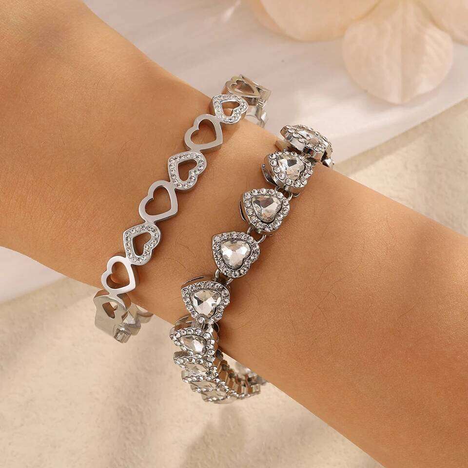 ZAKOL Fashion Trendy Heart Bangle Set for Women Luxury Zircon Crystal Stainless Steel Bracelet Christmas Holiday Gift